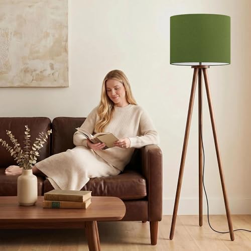 Buruis 60.6 Inch Walnut Wood Tripod Floor Lamp with Linen Drum Shade, Green by Buruis - Used condition - Image 9