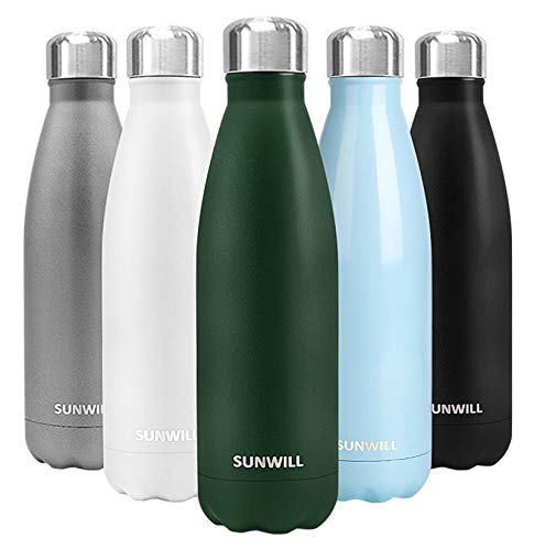 SUNWILL Insulated Stainless Steel Water Bottle Powder Coated Forest Green, Vacuum Double Wall Sports Water Bottle 17oz, Cola Shape Travel Thermal Flask
