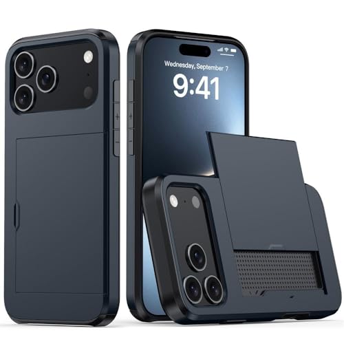 For IPhone 17/17 Pro/17 Air/17 Pro Max用スリムケース、背面カードスロットスライドカバー、高耐久衝撃保護PCシェル、滑り止めグリップ,17pro,Blue