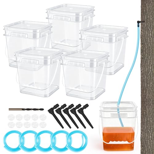 Anglekai 5 Pack Maple Syrup Tapping Kit, Maple Tree Tapping Kit for Starter Sap Collection, with 5 Clear Buckets/ 5 Tubing/ 5 L-shaped Taps/ 1 Drill Bit