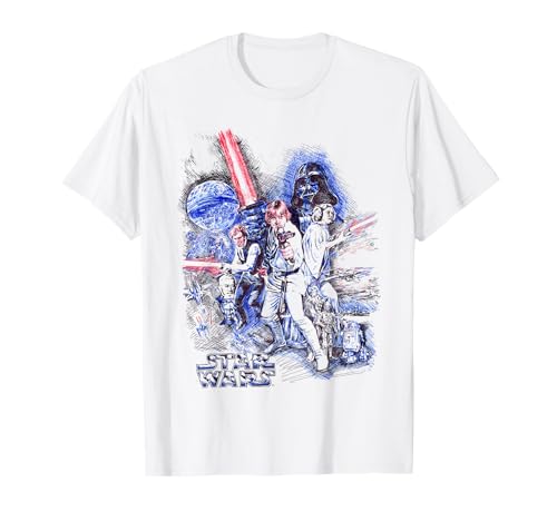 T-shirt Star Wars Drawn Group Shot graphique rétro dessin à la main