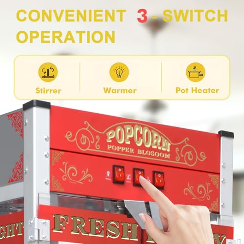 Image of 20 Oz Popcorn Machine with Cart: This popcorn machine on wheels combines an antique-style design with modern features. The cart includes bicycle-style wheels and a cabinet -Red