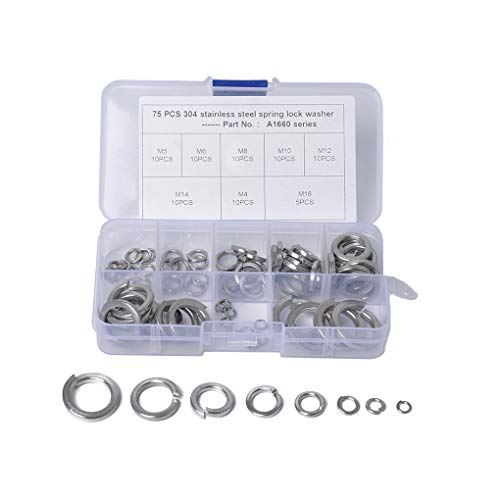Hotaluyt 75PCS / Set 10 Types Rondelles en Acier Inoxydable Verrouillage Fendues Rondelles M2-16M Kit Joints Rondelles