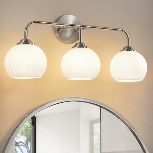 HAHZT Frosted Bathroom Vanity Light: Brushed Nickel 3-Light Bathroom Lighting Fixtures Over Mirror - Vintage Wall Lights with Milky White Ribbed Glass for Bedroom Hallway by HAHZT - Used condition - US$46.55