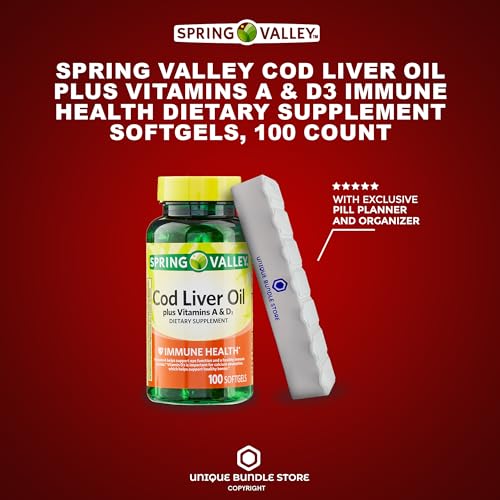 Spring Valley, Cod Liver Oil Supplements, Plus Vitamins A & D3, 100 Count Softgels, Dietary Supplement + 7 Day Pill Organizer Included (Pack of 1)