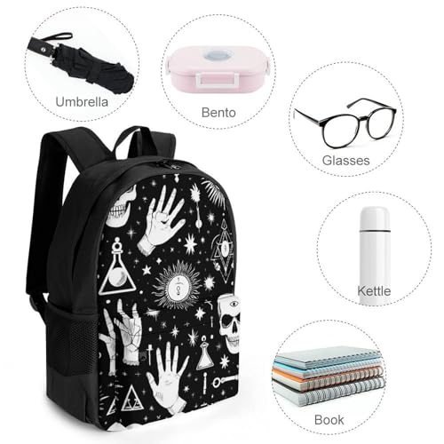Supdreamc Men Women Polyester Halloween Goth Gothic Raven Crow Skull Sun Moon Tattoos Daypack Backpack Large Capacity Carry On Bag With Smooth Zippers for Hiking Picnic Walking Cycling4
