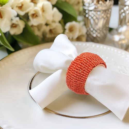 Image of COTTON CRAFT Glitz Beaded Napkin Rings - Set of 12 - Handmade Coral Napkin Ring Holders for Dining Table Decor - Elegant Beaded Napkin Rings for Weddings, Parties, Brunch, Summer Table Settings