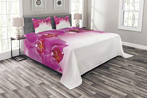 ABAKUHAUS Spa Tagesdecke Set, Exotische Orchidee Feng Shui, Set mit Kissenbezügen Sommerdecke, für Doppelbetten 264 x 220 cm, Mehrfarbig