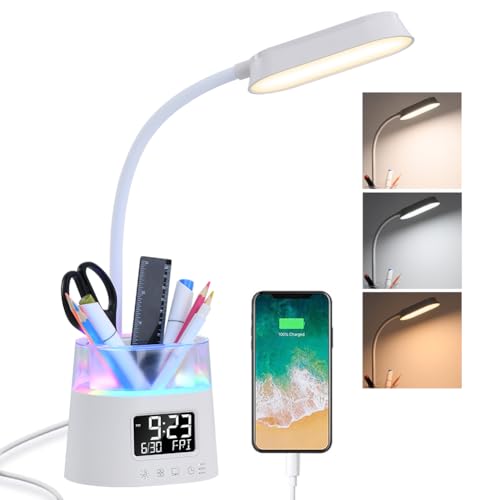 WILIT LED Desk Lamps for Home Office with Pen Holder, Table Lamp for Bedroom with USB Charging Port & Clock, RGB Night Light, Study Lamp for Kids Student, Desk Lamp for College Dorm Room Essentials