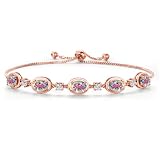 Gem Stone King 5-Stone Oval Gemstone Birthstone & Lab Grown Diamond Bracelet for Women | 18K Rose Gold Plated Silver | Adjustable Up to 9 Inch | Jewelry Gift for Her | Mercury Mist Mystic Topaz