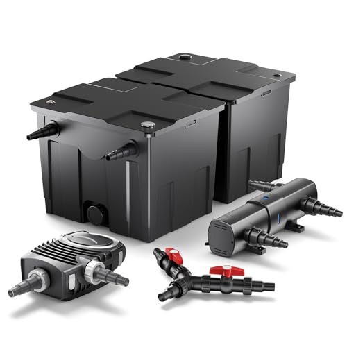 SunSun Komplettset: CBF-550 Teichfilter bis 60000 L Teichfilteranlage als Durchlauffilter, NEO10000 SuperECO Teichpumpe 10000l/h 80W, CUV-218 Teichklärer UVC Klärer mit 18W, Y-Verteiler