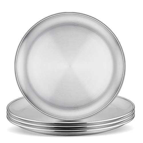 Image of E-far Stainless Steel Plates Set of 4, 8-inch Metal Dinner Plates for Kids Toddlers, Great for Self-feeding/Picnic/Outdoor Camping, Healthy & Non-toxic, Shatterproof & Dishwasher Safe