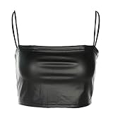 LXXIASHI Casual Women Black PU Leather Camisole Femme Bralette Bodycon Crop Top Ladies Streetwear Halter Summer (Halter - Black, L)