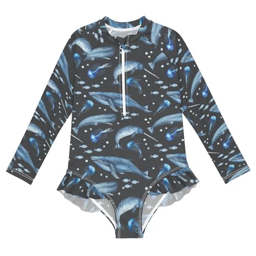 Ollabaky Baby Girls Long Sleeve Swimsuit Watercolor Whales Jellyfish Sperm Whale Narwhal One Piece Bathing Suit Rash Guard UPF50+ Toddler Girl Swimwear, 9-10T Multi