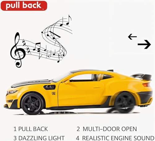 Image of Die-Cast Model Car, 1:32 Scale, Black with Gold Accentsband Hood Pull Back Super Car with Openable Doors Sound and Light for Birthdays Gift Party Decorations (Camaro 1:32)