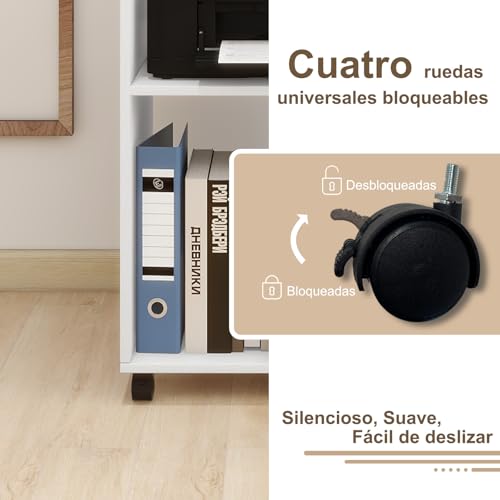 PUNCIA Mueble para Impresora con Ruedas Archivador Auxiliar Oficina de Madera con 4 Estantes Ajustables Mesa de Impresora Armario Móvil para Documentos DIN A4 Carro de Despacho Estudio Blanco - imagen 5