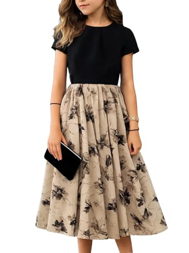 Seechoslo New 8-14Years Girls Elegant Dress Short Sleeve A-Line Floral Midi Party Special Occasion (US, Age, 13 Years, 14 Years, Black)