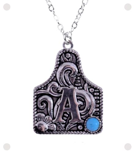 Western Cattle Tag Initial Necklace, 925 Sterling Silver, Kingman Turquoise,19 inches