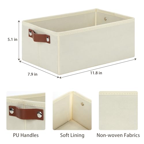 Image of DULLEMELO Storage Bin, Fabric Storage Bin with PU Handles, Decorative Storage Basket and Organizer Bins, Collapsible Storage Bins for Toy Storage, Clothes Organizer (Light Beige,11.8L*7.9W*5.1H)