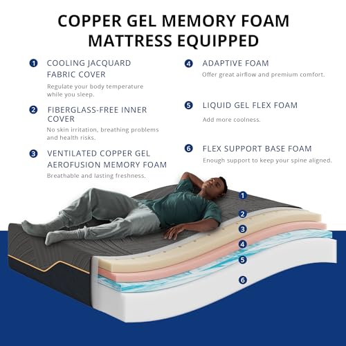 Image of Dyonery Split King Adjustable Bed Frame + 14 Inch Memory Foam Mattress | Wireless Remote, Head and Foot Incline & Massage, Zero Gravity, Cooling Copper Foam, Fiberglass Free, Tools-Free Assembly