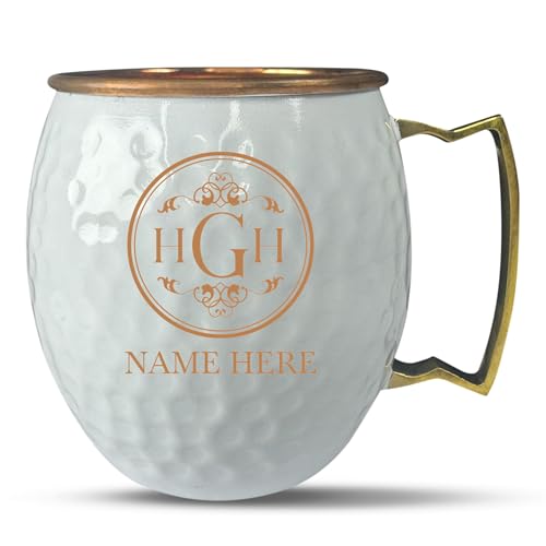 Custom Copper Moscow Mule with Hammered Painted Finish - Engraved Bar Style 100% Copper Cup with Personalized Circle Vintage Elements Monogram Themed Engraving, Brass Handle | 18 oz, White