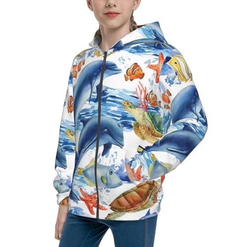 Marine Animals Kids Pullover Hoodies Boys Zip Up Sweatshirts Girls Athletic Clothes with Pocket