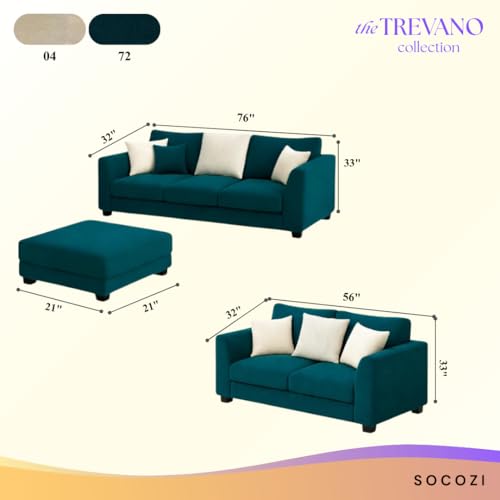 Image of SOCOZI Trevano 3+2 Seater Fabric Sofa Set with Ottoman | Soft Velvet Suede Upholstery | Modern Living Room Furniture (Greenish Teal-Aqua Blue)