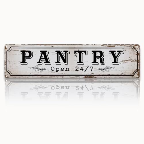 Pantry Decor Metal Tin Sign Pantry Open 24/7 Funny Quote Plaque Vintage Rustic Wall Decor Hanging for Kitchen Door Shelf Wall 15.7x3.9 Inches