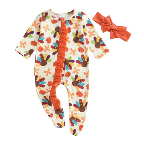 Newborn Baby Girl Thanksgiving Outfit Ruffled Turkey Print Romper Jumpsuit Infant Girl Thanksgiving Clothes 3M 6M 12M