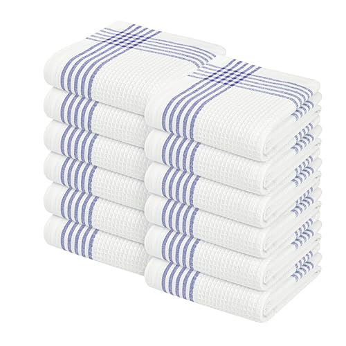 Image of Waffle White & Indigo Blue Kitchen Towels 12 Pack, 100% Cotton, 16x26 inches, Premium Dish Towel, Long Lasting Bar Mop Cloths, Perfect for Drying Dishes, Cooking and Cleanup