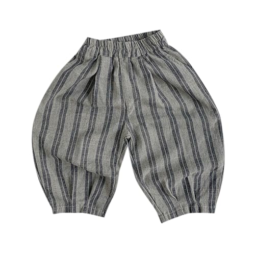 Baby Cotton Linen Long Bloomers Soft Cotton Striped Harem Pants for Boys Girls Elastic Waist Long Pants Bloomers 5-6 Years 08 Light Gray