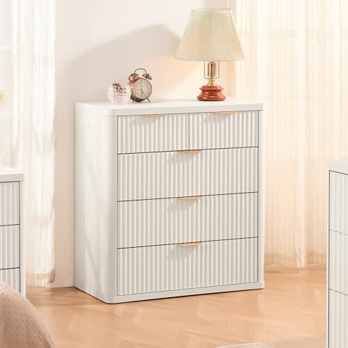 Image of LEYAOYAO Fluted 5 Drawers Dresser for Bedroom Set of 2, 34 inch Tall Modern Chest of Drawers with Metal Handle, Curved Profile Design,White Wood Drawer Organizer for Bedroom, Living Room, Hallway