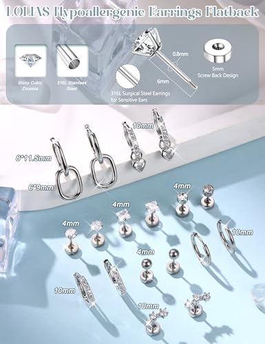 LOLIAS Hypoallergenic Flat Back Earrings for Women Girls Surgical Steel Earrings for Sensitive Ears - Stainless Steel Flatback Stud Hoop Cartilage Earring Stacks4