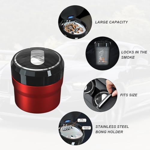 Image of DXNQ Car Ashtray with Lid, Easy Clean Up Detachable Smokeless Ashtray with LED Blue Light, Portable Mini Ash Tray Cup Holder for Car Home Office Travel, Interior Auto Accessories (Red, Small)