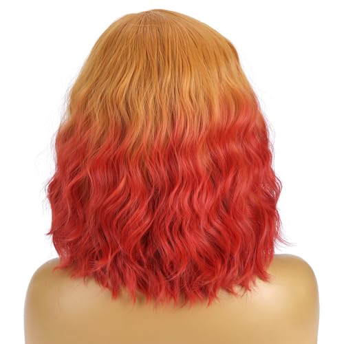 Image of BERON Orange Ombre Wigs Side Part Short Curly Wave Wigs for Women Girls Orange Shoulder Length Heat Resistant Synthetic Wig Cosplay Costume Party Daily
