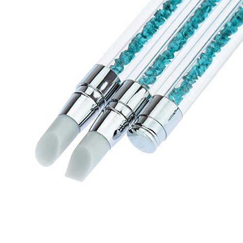 Wokoto 3 Pcs Set 2 Ways Silicone Nail Art Acrylic Pen Brushes Set Blue Rhinestones Design Sculpture Carving Brush For 3D Effect Shaping Drawing Dotting Tools #TOP3