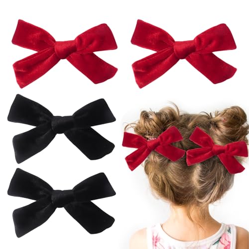 4 fiocchi per capelli da ragazza, 9,5 cm, con fiocco rosso, per capelli, per ragazze, bambini, per Natale, colore rosso, nero