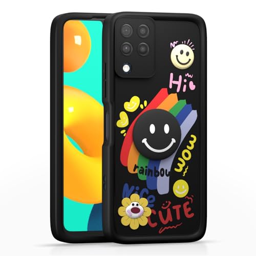 Image of Pikkme Back Cover for Samsung Galaxy M32 4G / M32 Prime | Soft Silicone| Cute Rainbow Smile & 3D Cartoon Flower Design | Shockproof Raised Camera Protection Bumper Case (Black)