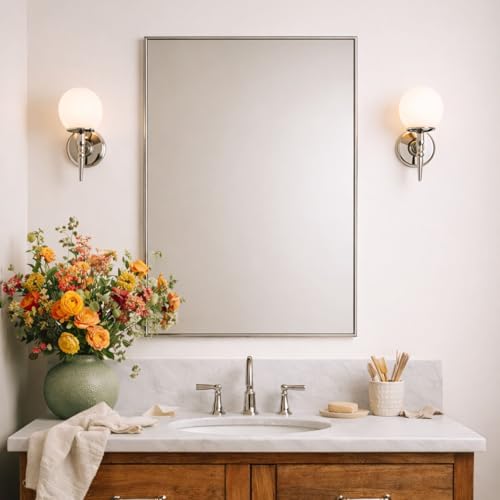 Image of TEHOME Chrome Bathroom Vanity Mirror with Squared Corners, 24x36'' Silver Rectangle Stainless Steel Metal Framed Mirror for Bathroom
