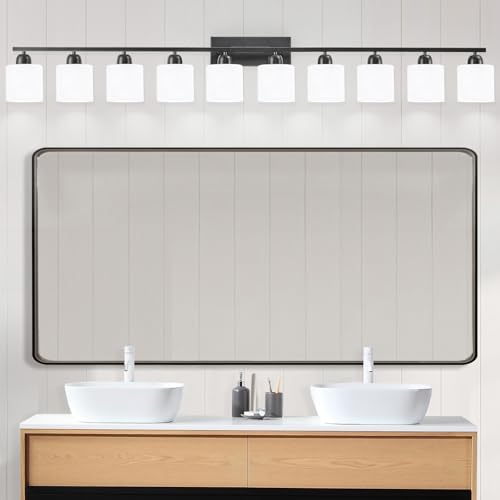 Image of 10 Light Black Vanity Lights for Giant Mirror, Bathroom Vanity Lights Over Mirror with Milky White Frosted Glass Shades,65 inch Bathroom Light Fixture for Mirrors, E26
