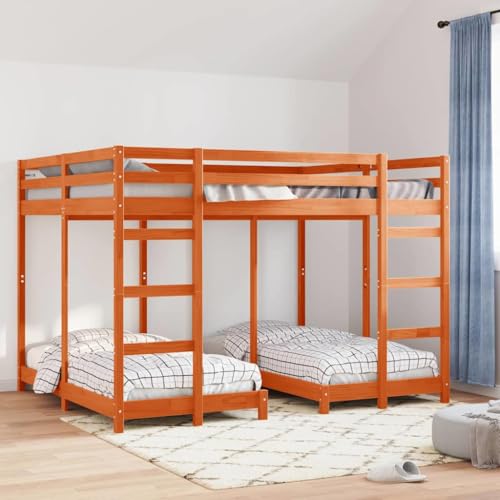Molumvel Litera triple de 160 x 200 cm de madera de pino, cama familiar con dos escaleras y protección anticaídas para 4 personas, color marrón