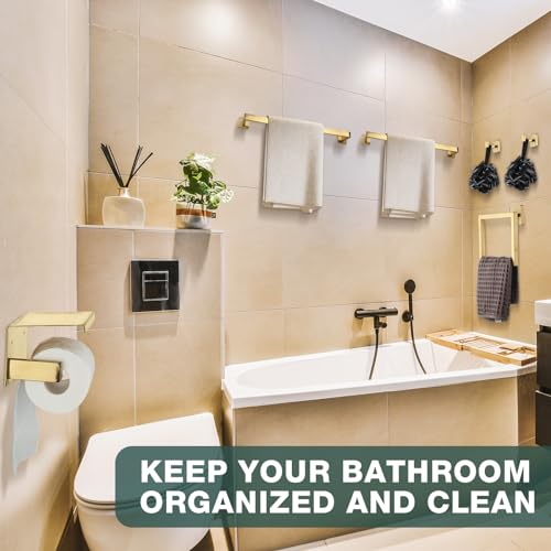 Image of 10 Pcs Bathroom Accessories Set, 24 Inch Bathroom Hardware Set, Stainless Steel Bath Towel Bar, Towel Racks, Robe Hook, Toilet Paper Holder with Phone Shelf Wall Mounted for Gifts (Gold)