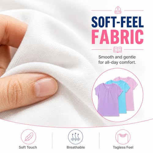 Image of Bienzoe Plain Solid Girls T-Shirts: School Basic Tee 3-Pack | Short Sleeve, Ages 4-13, PE, Recess, Outdoor Play, Soft Cotton Blend, Breathable Quick-Dry, Easy Care, Easy to Mix and Match