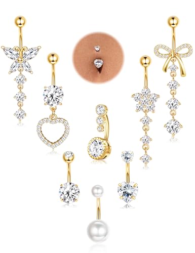 FIASASO 8 Pcs Belly Button Ring Dangle Hypoallergenic Surgical Stainless Steel Belly Rings for Women CZ Pearl Heart Butterfly Bow Flower Navel Piercing Jewelry Dangly Curved Navel Ring 14G gold 10mm