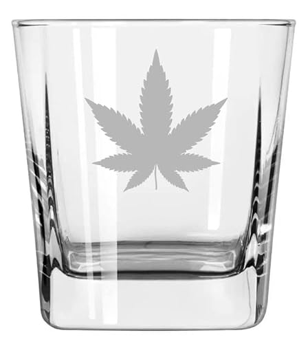 12 oz Square Base Rocks Glass with Marijuana Pot Leaf Design