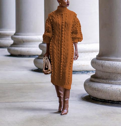 Women's Cable Knit Sweater Midi Dress Turtleneck Long Sleeve Loose Tunic Plus Size Split Sweater Dresses for Fall3
