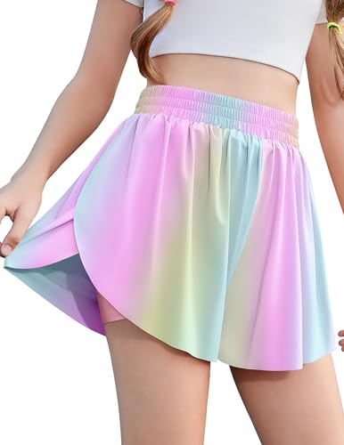 Zaclotre Girls Butterfly Shorts with Pockets 2 in 1 Flowy Running Shorts Kids Athletic Skorts for Tennis Cheer Dance Rainbow