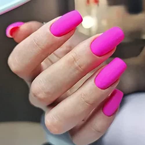 Fstrend Punk Fake Nails Pink Full Cover Aryclic Square Long False Nails Daily Date Matte Press on Nail for Women and Girls(24pcs)