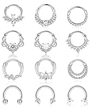 YZCIS 12 Anillos para el tabique de 16 G, Pendientes Daith, Aros para la Nariz, aro de Acero Inoxidable con circonita cúbica, ópalo, hélice, Tragus, Piercing para el tabique, joyería, Plata, Negro,