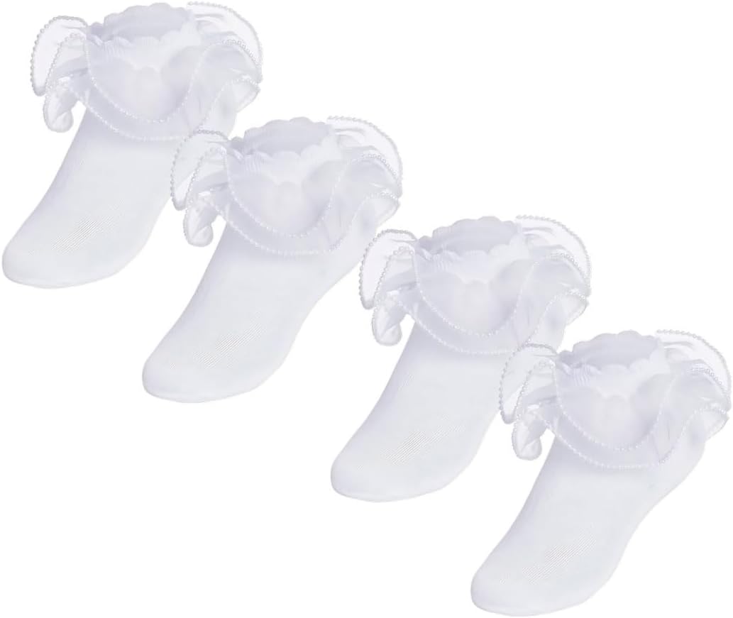 4 Pack Girls Frilly Ruffle Socks Cute Synthetic Pearls Lace Socks for Toddler Little Girls Dress and Daily